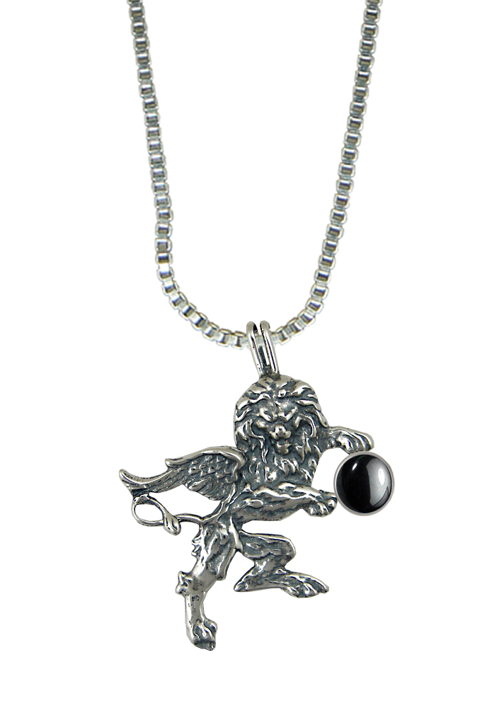 Sterling Silver Winged Lion of the Royal Court Pendant With Hematite